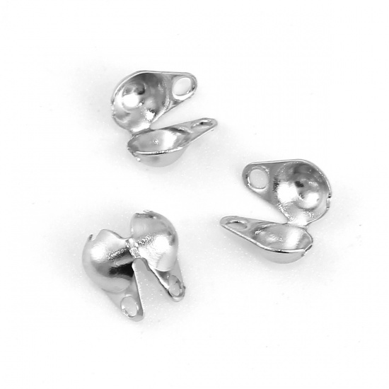 Picture of 304 Stainless Steel Bead Tips (Knot Cover) Clamshell With 2 Closed Loops Silver Tone (Fits 2.4mm Ball Chain) 5mm( 2/8") x 3mm( 1/8"), 50 PCs