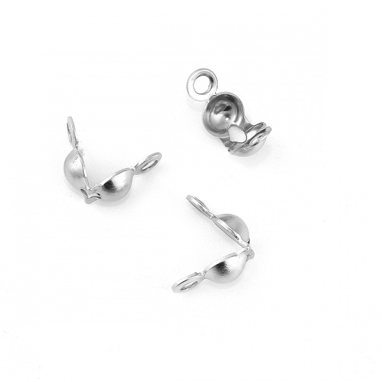Picture of 304 Stainless Steel Bead Tips (Knot Cover) Clamshell With 2 Closed Loops Silver Tone (Fits 4mm Ball Chain) 8mm( 3/8") x 4mm( 1/8"), 50 PCs