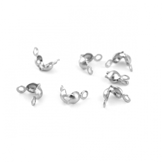Picture of 304 Stainless Steel Bead Tips (Knot Cover) Clamshell With 2 Closed Loops Silver Tone (Fits 4mm Ball Chain) 8mm( 3/8") x 4mm( 1/8"), 50 PCs