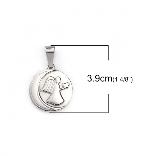 Picture of 1 Piece 304 Stainless Steel Blank Stamping Tags Pendants Round Angel Silver Tone Double-sided Polishing 39mm x 25mm