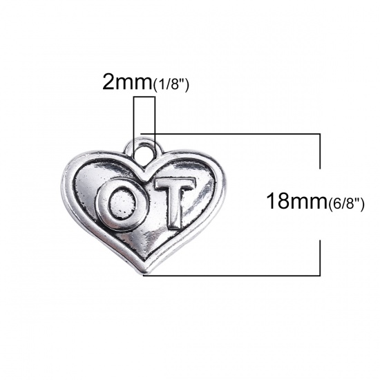 Immagine di Lega di Zinco Charms Cuore Argento Antico Messaggio " OT " 18mm x 16mm , 20 Pz