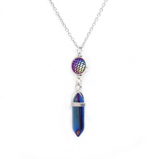 Bild von Stein Meerjungfrau/Drachen Fischschuppen Halskette Silberfarbe Blau Krayon Yoga Heilung AB Farbe Facettiert 52.5cm lang, 1 Strang