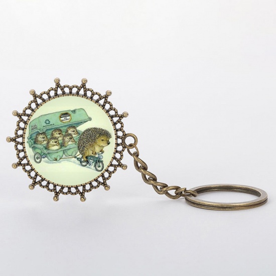 Picture of Glass Keychain & Keyring Hedgehog Antique Bronze Multicolor Round 10.1cm x 4.3cm, 2 PCs