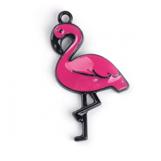 Picture of Zinc Based Alloy Pendants Flamingo Black Fuchsia Enamel 43mm(1 6/8") x 23mm( 7/8"), 10 PCs