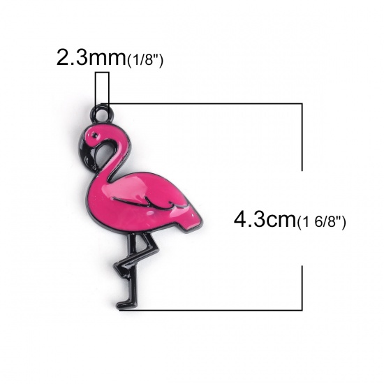 Picture of Zinc Based Alloy Pendants Flamingo Black Fuchsia Enamel 43mm(1 6/8") x 23mm( 7/8"), 10 PCs