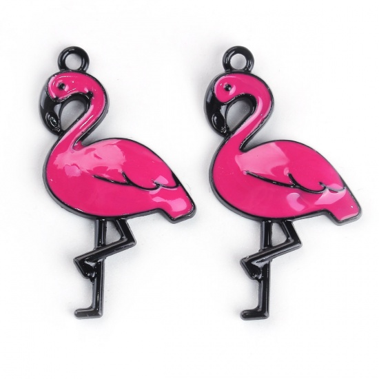 Picture of Zinc Based Alloy Pendants Flamingo Black Fuchsia Enamel 43mm(1 6/8") x 23mm( 7/8"), 10 PCs