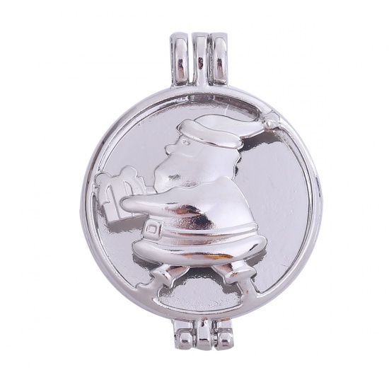 Picture of Zinc Based Alloy Aromatherapy Essential Oil Diffuser Locket Pendants Round Silver Tone Christmas Santa Claus Cabochon Settings (Fits 30mm Dia.) Can Open 44mm(1 6/8") x 32mm(1 2/8"), 1 Piece