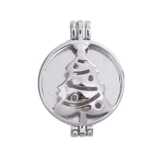 Picture of Zinc Based Alloy Aromatherapy Essential Oil Diffuser Locket Pendants Round Silver Tone Christmas Tree Cabochon Settings (Fits 30mm Dia.) Can Open 44mm(1 6/8") x 32mm(1 2/8"), 1 Piece
