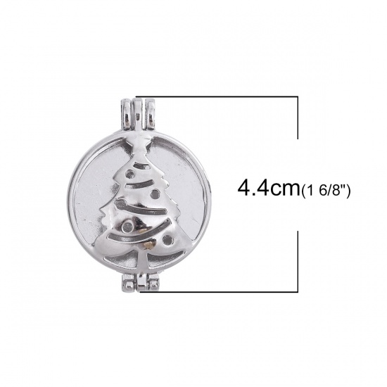 Picture of Zinc Based Alloy Aromatherapy Essential Oil Diffuser Locket Pendants Round Silver Tone Christmas Tree Cabochon Settings (Fits 30mm Dia.) Can Open 44mm(1 6/8") x 32mm(1 2/8"), 1 Piece