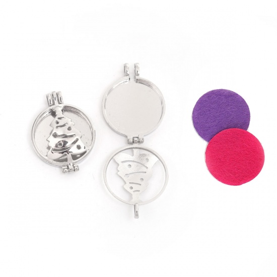 Picture of Zinc Based Alloy Aromatherapy Essential Oil Diffuser Locket Pendants Round Silver Tone Christmas Tree Cabochon Settings (Fits 30mm Dia.) Can Open 44mm(1 6/8") x 32mm(1 2/8"), 1 Piece