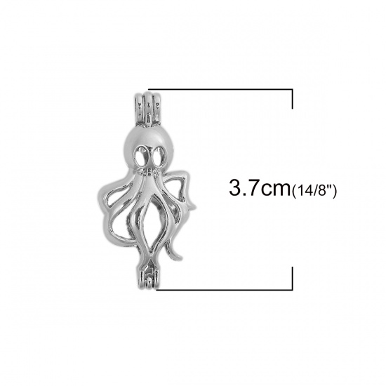 Immagine di Lega di Zinco Medaglione di 3D Perla Puntale Gioielli Ciondoli Polpo Tono Argento Possibile Aprire (Adatto 6mm Perline) 37mm x 18mm , 2 Pz