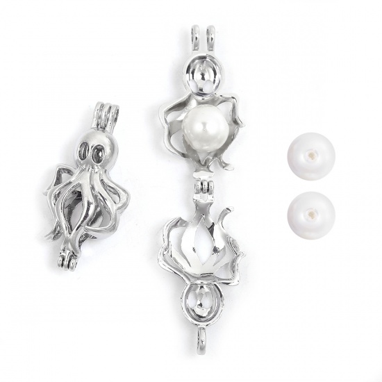 Picture of Zinc Based Alloy 3D Wish Pearl Locket Jewelry Pendants Octopus Silver Tone Can Open (Fit Bead Size: 6mm) 37mm(1 4/8") x 18mm( 6/8"), 2 PCs