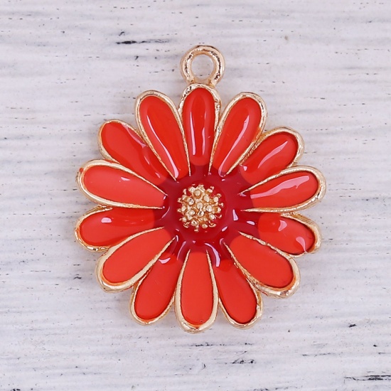 Picture of Zinc Based Alloy Charms Daisy Flower Gold Plated Orange-red Enamel 27mm(1 1/8") x 23mm( 7/8"), 5 PCs