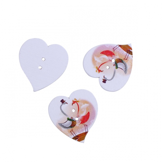 Picture of Wood Sewing Buttons Scrapbooking 2 Holes Heart Multicolor Bird Pattern 29mm(1 1/8") x 28mm(1 1/8"), 50 PCs