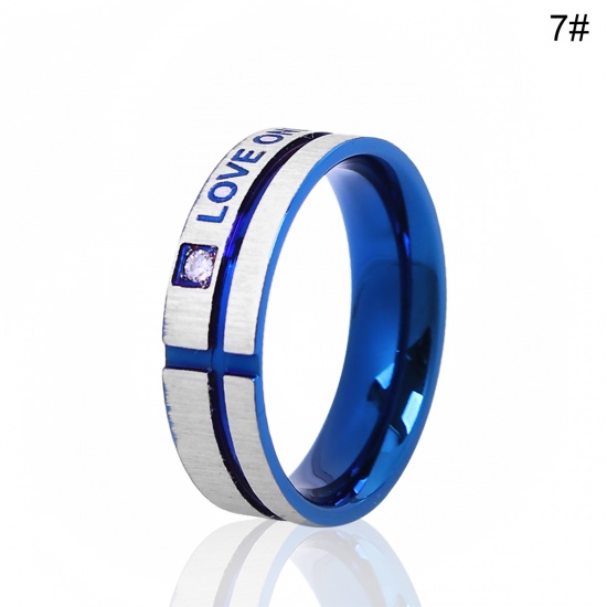 Picture of 304 Stainless Steel Unadjustable Rings Blue Message " LOVE ONLY YOU " Clear Rhinestone 17.5mm( 6/8")(US size 7), 1 Piece
