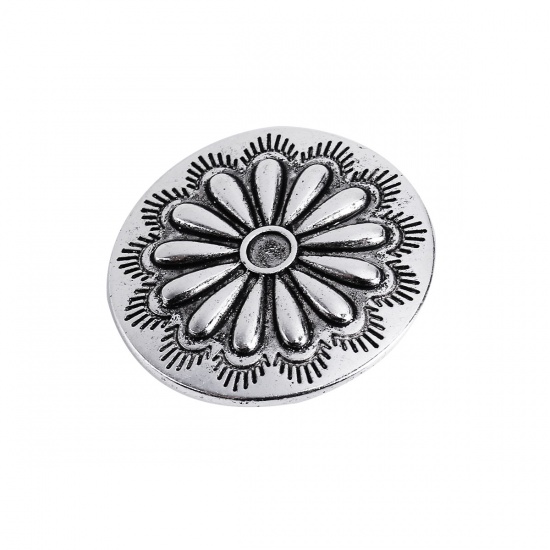 Picture of Zinc Based Alloy Sewing Buttons Round Antique Silver Color Flower Carved 30mm Dia., 5 PCs