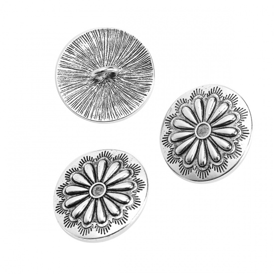 Picture of Zinc Based Alloy Sewing Buttons Round Antique Silver Color Flower Carved 30mm Dia., 5 PCs