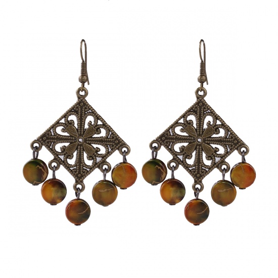 Picture of Wood & Copper Boho Chic Earrings Antique Bronze Orange Rhombus Filigree 62mm(2 4/8") x 34mm(1 3/8"), Post/ Wire Size: (21 gauge), 1 Pair