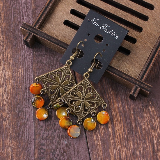 Picture of Wood & Copper Boho Chic Earrings Antique Bronze Orange Rhombus Filigree 62mm(2 4/8") x 34mm(1 3/8"), Post/ Wire Size: (21 gauge), 1 Pair