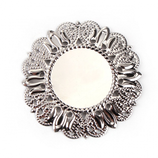 Picture of Iron Based Alloy Connectors Flower Silver Tone Cabochon Settings (Fits 25mm Dia.) 49mm(1 7/8") x 49mm(1 7/8"), 50 PCs