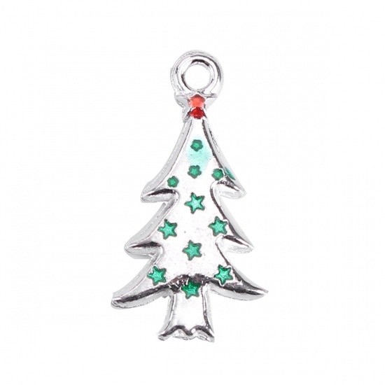 Picture of Zinc Based Alloy Charms Christmas Tree Silver Tone Red & Green Star Enamel 26mm(1") x 14mm( 4/8"), 10 PCs