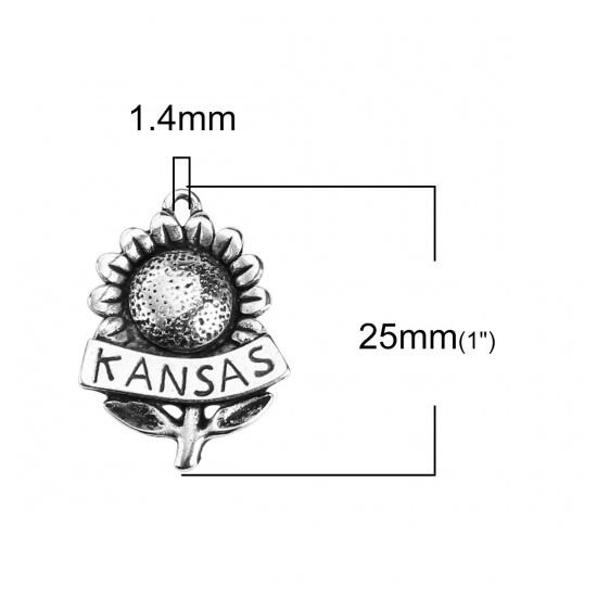 Immagine di Lega di Zinco Charms Girasole Argento Antico Messaggio " KANSAS " 25mm x 18mm , 20 Pz