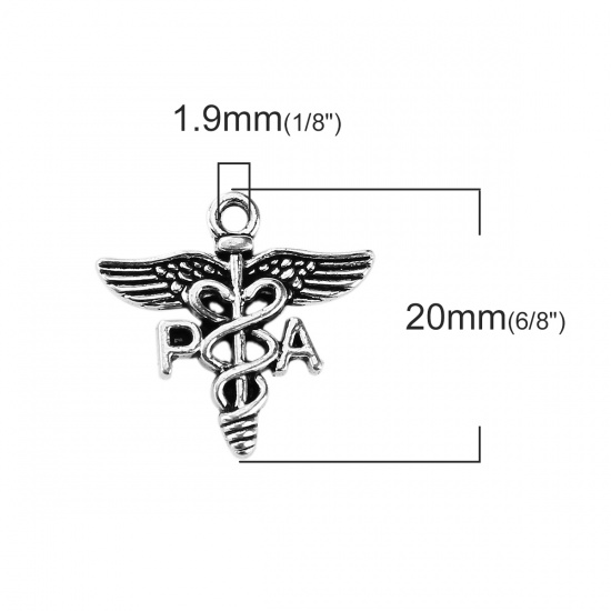 Picture of Zinc Based Alloy Medical Charms Wing Antique Silver Message " PA " 20mm( 6/8") x 20mm( 6/8"), 30 PCs