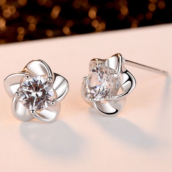 Picture of Brass Ear Post Stud Earrings Silver Tone Clear Cubic Zirconia Flower 9mm( 3/8") x 8mm( 3/8"), Post/ Wire Size: (20 gauge), 1 Pair                                                                                                                             