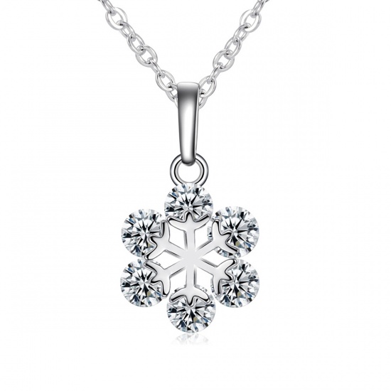 Picture of Brass Necklace Silver Tone Clear Cubic Zirconia Christmas Snowflake 46.5cm(18 2/8") long, 1 Piece                                                                                                                                                             