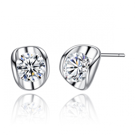 Picture of Brass Ear Post Stud Earrings Silver Tone Clear Cubic Zirconia Oval 8mm( 3/8") x 7mm( 2/8"), Post/ Wire Size: (21 gauge), 1 Pair                                                                                                                               