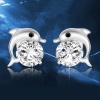 Picture of Brass Ear Post Stud Earrings Silver Tone Clear Cubic Zirconia Dolphin Animal 10mm( 3/8") x 10mm( 3/8"), Post/ Wire Size: (20 gauge), 1 Pair                                                                                                                   