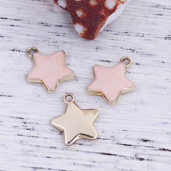 Picture of Zinc Based Alloy Galaxy Charms Pentagram Star Gold Plated Pink Enamel Glitter 17mm( 5/8") x 15mm( 5/8"), 10 PCs
