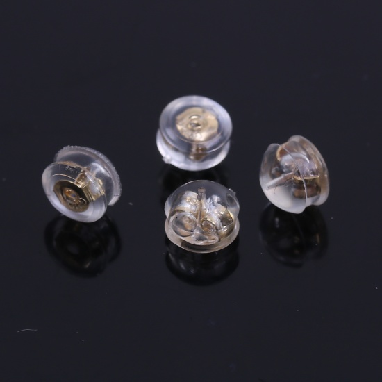 Picture of Silicone & Copper Ear Nuts Post Stopper Earring Findings Round Gold Plated Transparent Clear 5mm x 4mm, 20 PCs