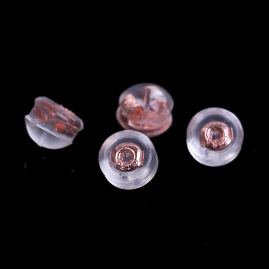 Picture of Silicone & Copper Ear Nuts Post Stopper Earring Findings Round Rose Gold Transparent Clear 5mm x 4mm, 20 PCs