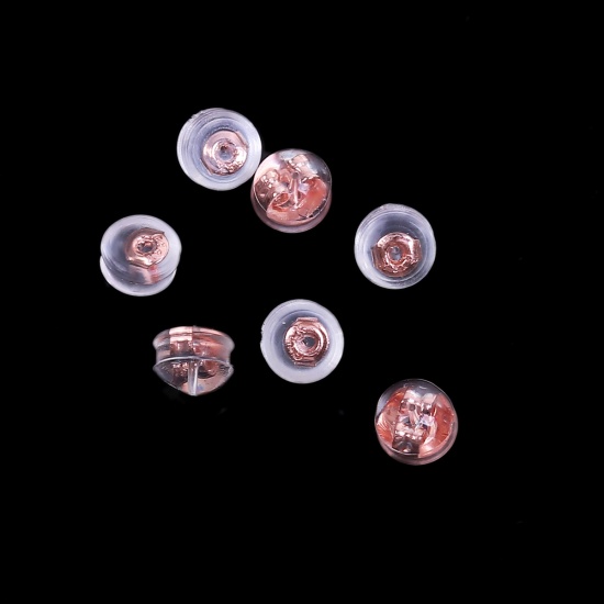Picture of Silicone & Copper Ear Nuts Post Stopper Earring Findings Round Rose Gold Transparent Clear 5mm x 4mm, 20 PCs