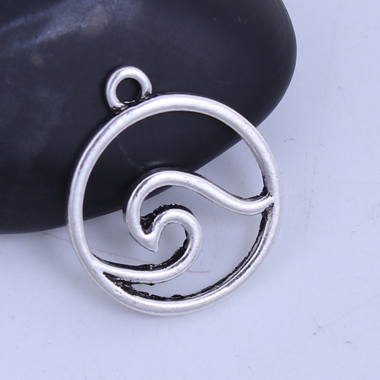 Picture of Zinc Based Alloy Charms Round Antique Silver Wave 24mm(1") x 21mm( 7/8"), 10 PCs