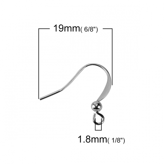 Picture of Brass Ear Wire Hooks Earring Findings Silver Tone 19mm( 6/8") x 17mm( 5/8"), Post/ Wire Size: (21 gauge), 200 PCs                                                                                                                                             