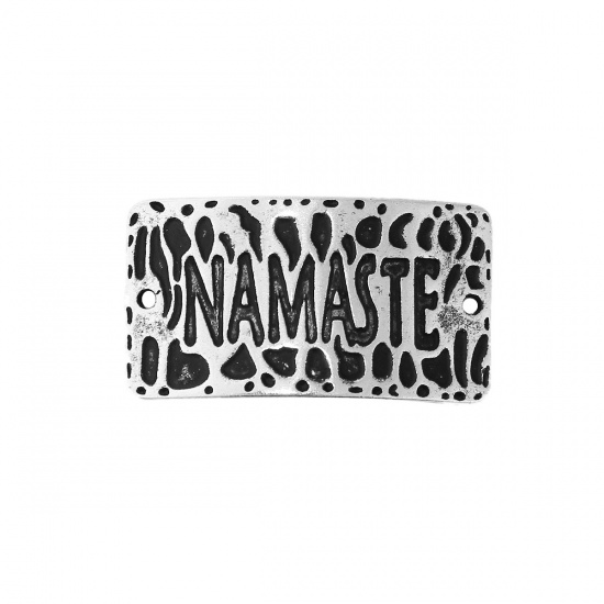 Imagen de Zamak Conectores Rectángulo Plata Antigua Mensaje " Namaste " 40mm x 22mm, 5 Unidades