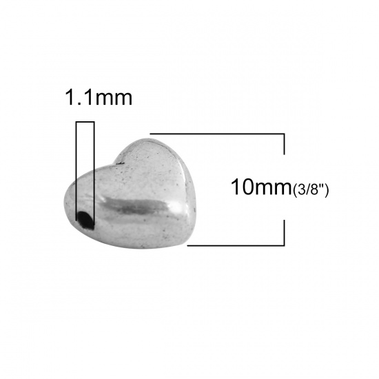 Изображение Цинковый Сплав Бусины Сердце Античное Серебро Примерно 10мм x 9мм, Отверстие: Примерно 1.1мм, 50 ШТ