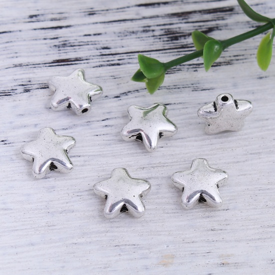 Picture of Zinc Based Alloy Spacer Beads Pentagram Star Antique Silver Color 12mm x 11mm, Hole: Approx 1.2mm, 50 PCs