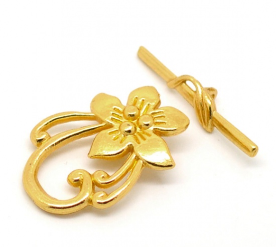 Picture of Zinc Based Alloy Toggle Clasps Flower Gold Plated 30mm x 20mm 30mm x 5mm, 10 Sets