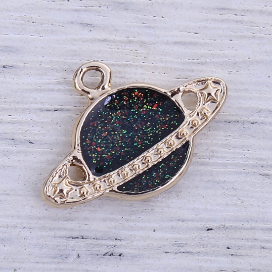 Picture of Zinc Based Alloy Charms Spaceship Gold Plated Black Enamel Glitter 23mm( 7/8") x 16mm( 5/8"), 10 PCs