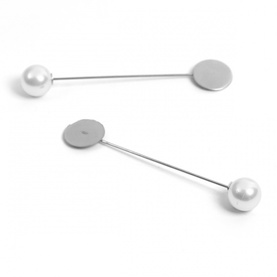 Picture of Stainless Steel Stick Brooches Findings Round Silver Tone Cabochon Settings (Fits 15mm Dia.) Acrylic Imitation Pearl 80mm(3 1/8") x 15mm( 5/8"), 20 PCs