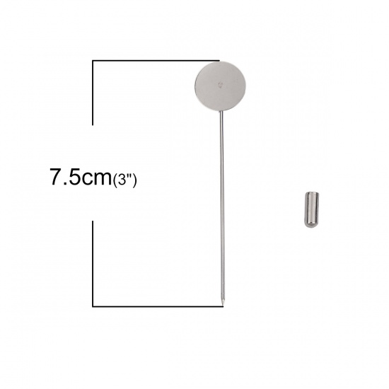 Immagine di Acciaio Inossidabile Spilla Bastoncino Accessori Tondo Tono Argento Basi per Cabochon (Addetti 15mm) 75mm x 15mm, 20 Pz