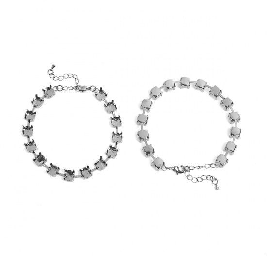 Imagen de Latón Broche de langosta Rhinestone Cadena Estrecha Pulseras Tono de Plata Base Camafeo (Ajusta 7mm) 21cm longitud, 3 Unidades