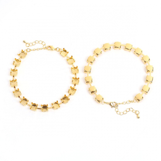 Picture of Brass Cup Chain Lobster Clasp Bracelets Gold Plated Cabochon Settings (Fit 7mm Dia.) 21cm(8 2/8") long, 3 PCs                                                                                                                                                 