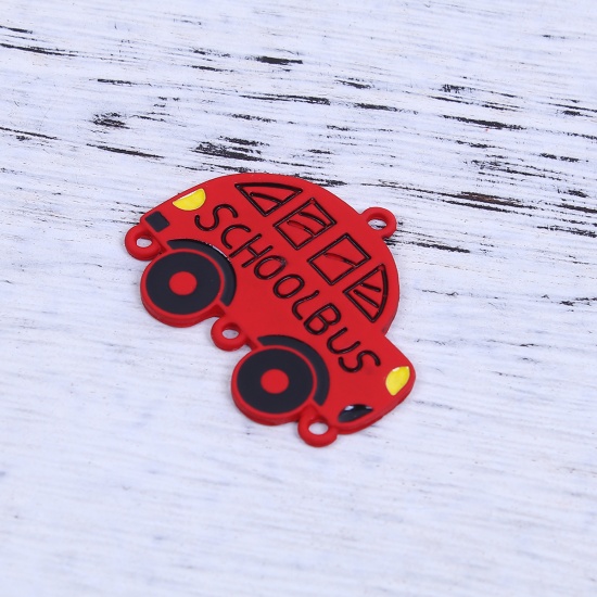 Bild von Zinklegierung Reise Verbinder Auto Schwarz Rot mit Message Muster " SCHOOL BUS " Emaille, 34mm x 27mm, 5 Stück