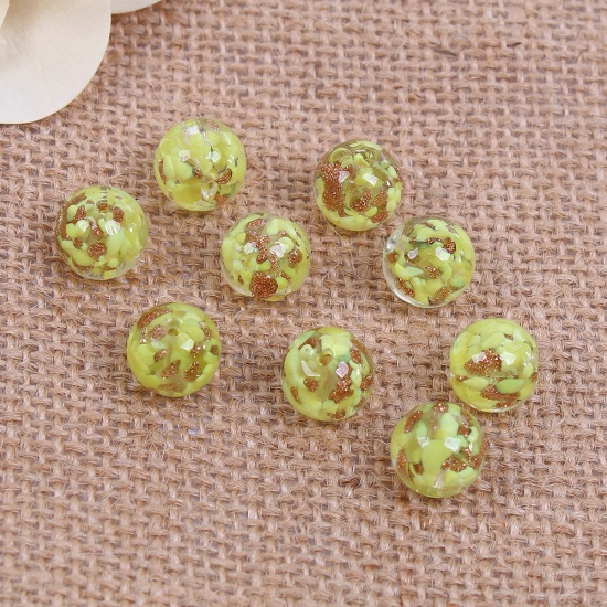 Picture of Lampwork Glass Japanese Style Beads Ball Yellow Glitter About 12mm( 4/8") Dia, Hole: Approx 1.7mm, 3 PCs