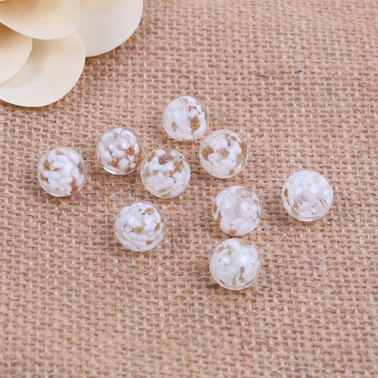 Picture of Lampwork Glass Japanese Style Beads Ball White Glitter About 12mm Dia, Hole: Approx 1.7mm, 3 PCs