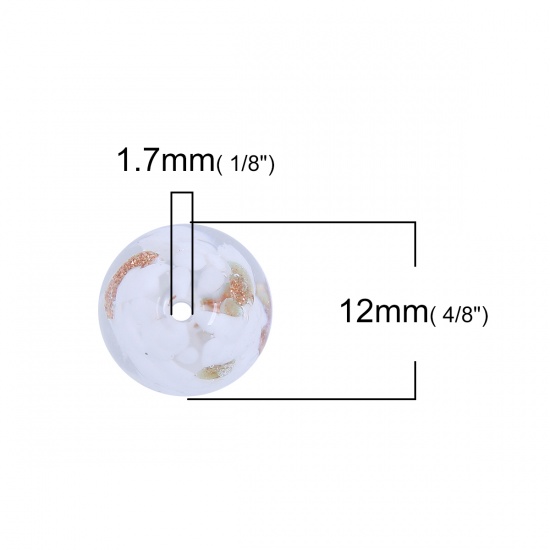 Picture of Lampwork Glass Japanese Style Beads Ball White Glitter About 12mm Dia, Hole: Approx 1.7mm, 3 PCs